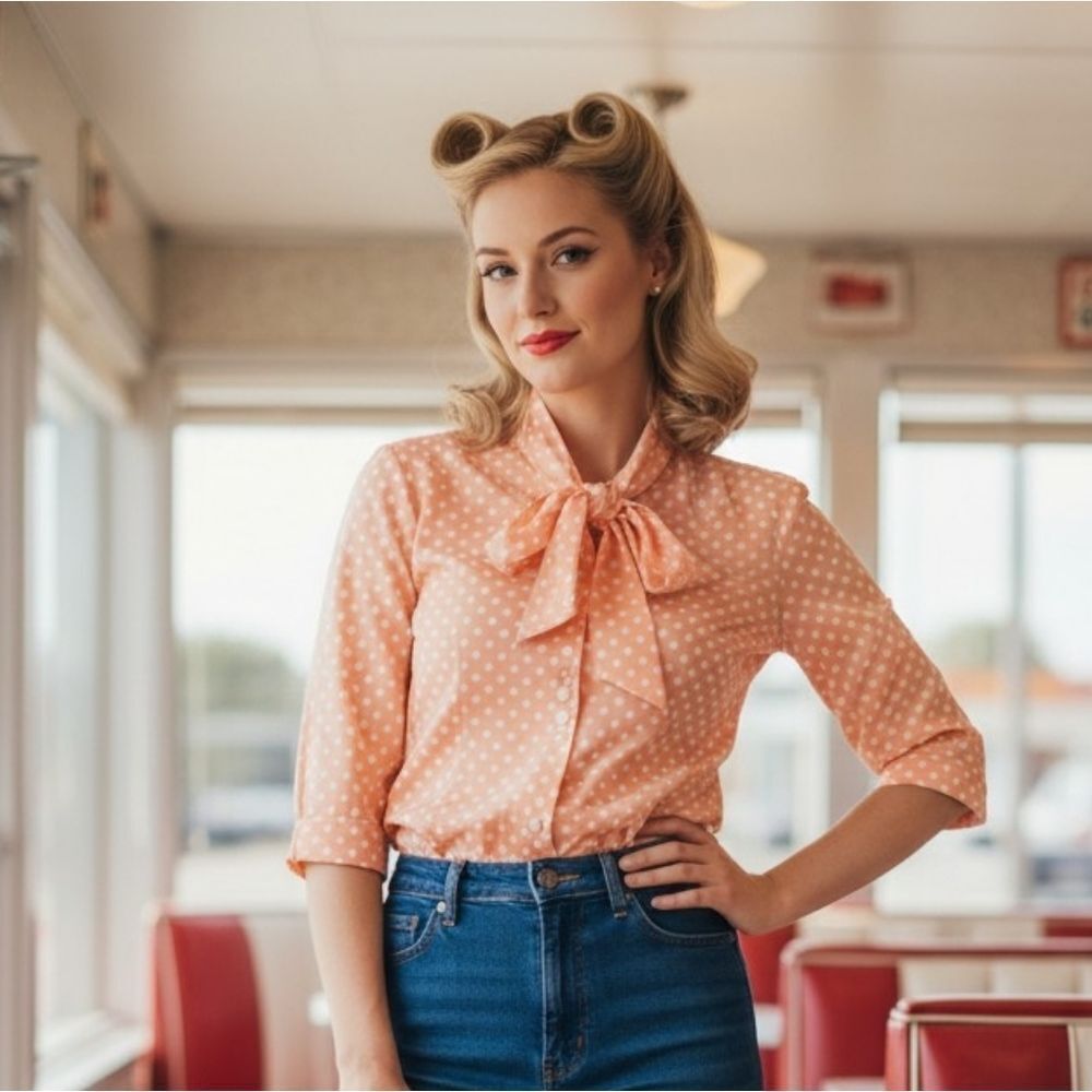 Peach "Career Miss" Vintage Polka Dot Blouse
